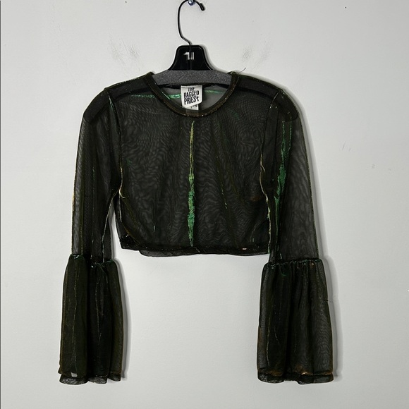 The Ragged Priest Green Shimmer Bell Sleeve Crop Top - Picture 1 of 5